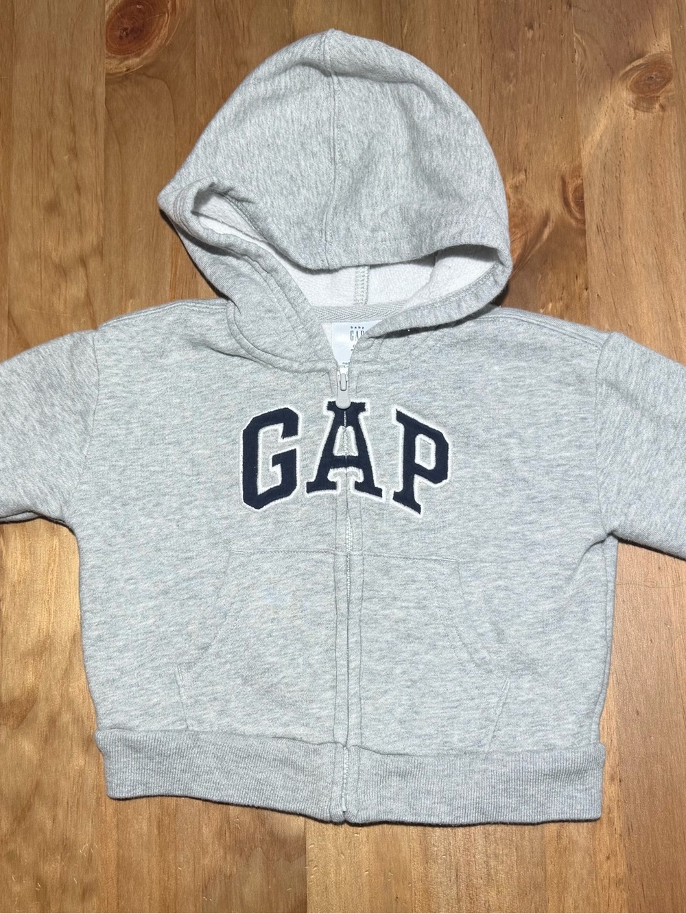 GAP Kids Heather Gray Hooded Zip-Up Sweatshirt with Navy Logo